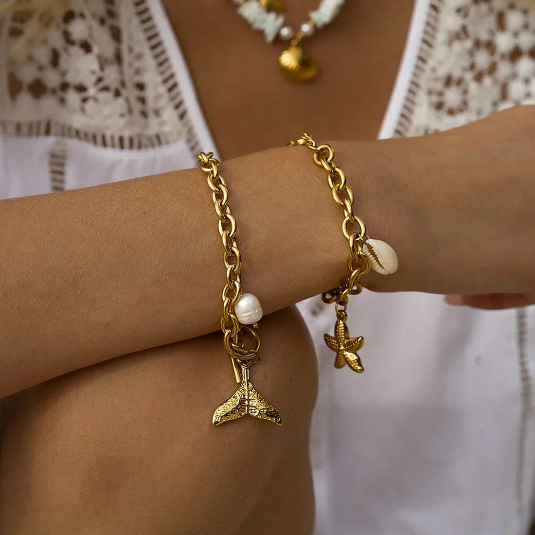 Women's Charm Bracelet with Starfish, Shell and Snail Charms