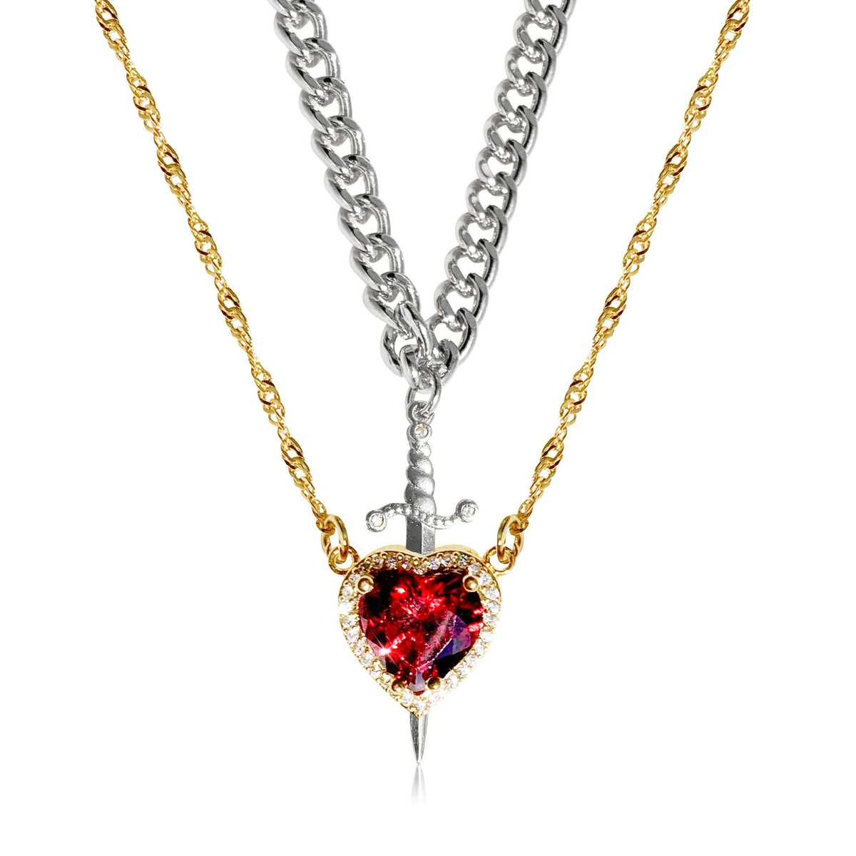Women's 2-piece Partner Necklace Set with Heart and Sword Pendant