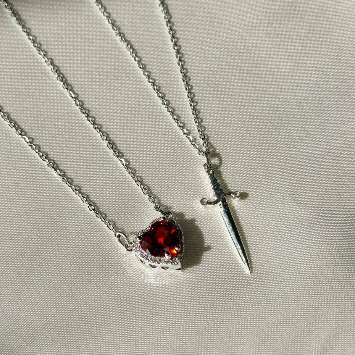 Women's 2-piece Partner Necklace Set with Heart and Sword Pendant