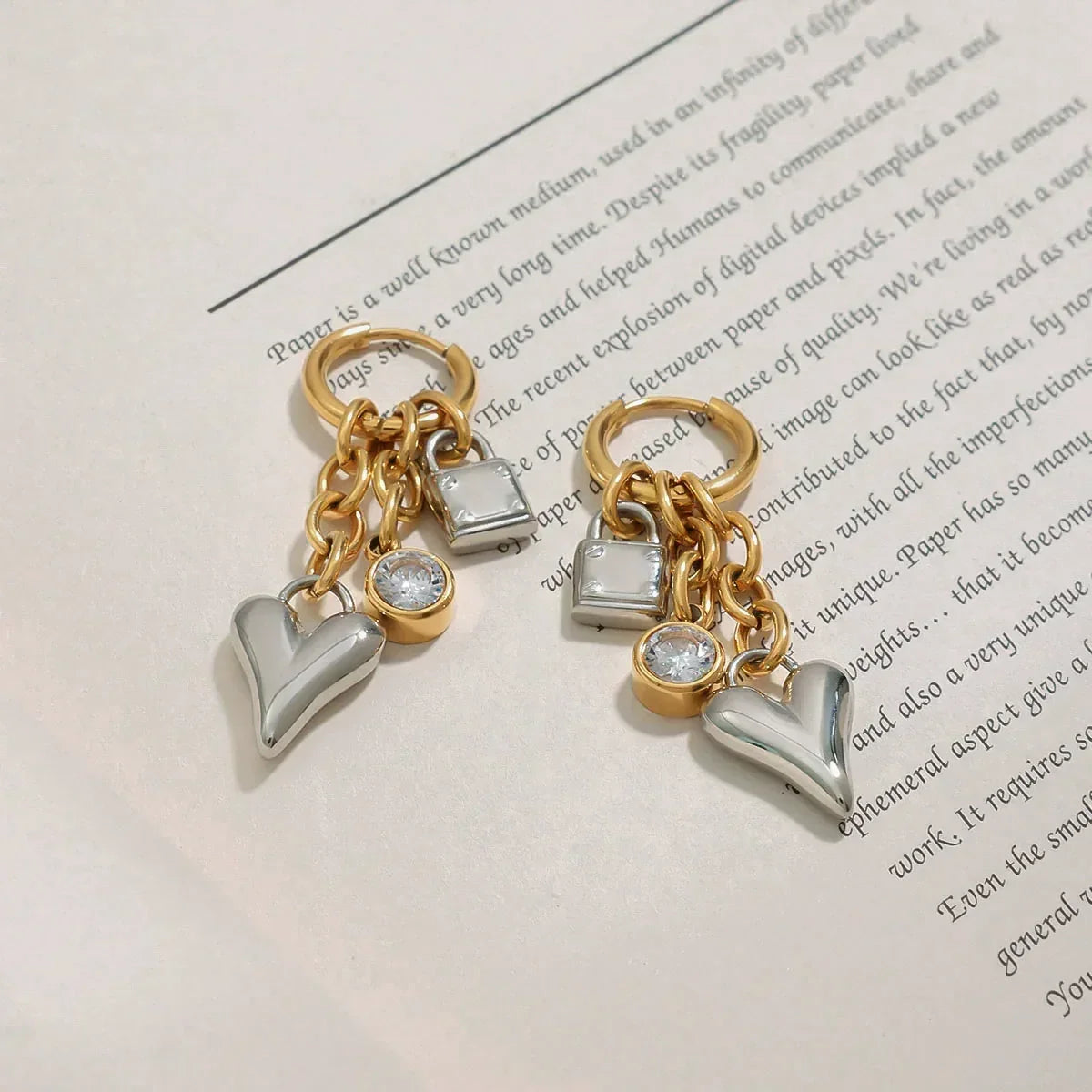 Women's Huggie Earrings with Heart Pendant, Lock Charm and Chain Details