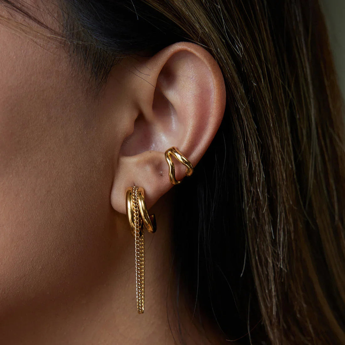 Women's Statement Hoops with Sculptural Shape and Hanging Chain Details