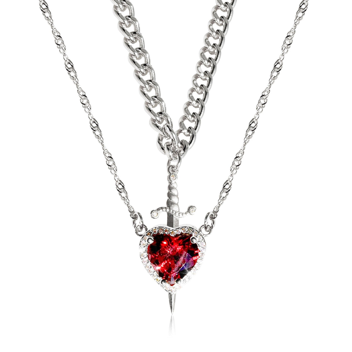 Women's 2-piece Partner Necklace Set with Heart and Sword Pendant