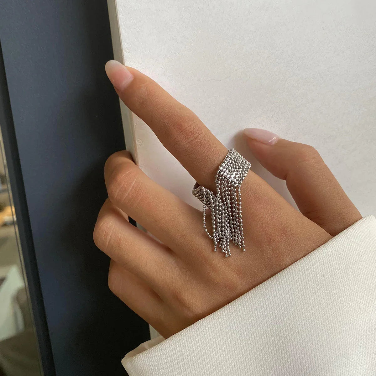 Women's Adjustable Statement Ring with Tassel Design and Multi-Row Chain Details