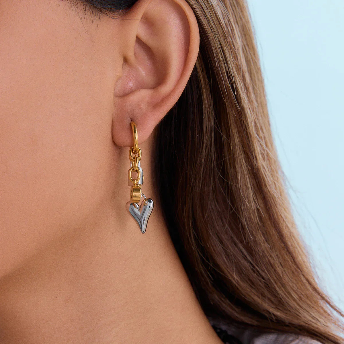 Women's Huggie Earrings with Heart Pendant, Lock Charm and Chain Details
