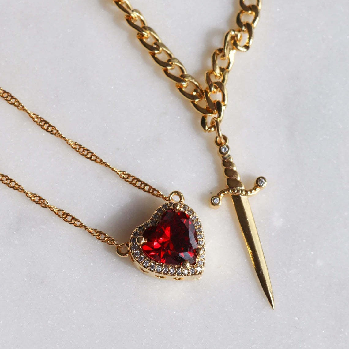 Women's 2-piece Partner Necklace Set with Heart and Sword Pendant