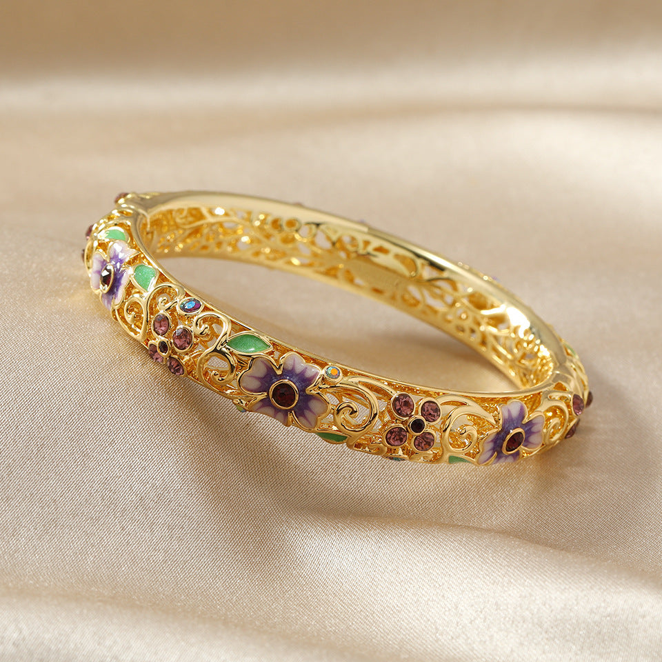 Women's Open Flower Bracelet with Enamel Details and Stone Accents