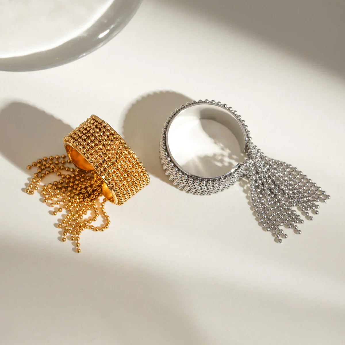 Women's Adjustable Statement Ring with Tassel Design and Multi-Row Chain Details