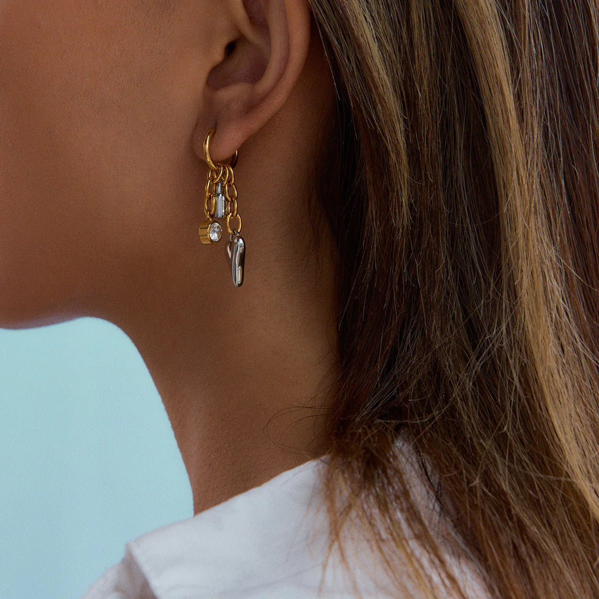 Women's Huggie Earrings with Heart Pendant, Lock Charm and Chain Details