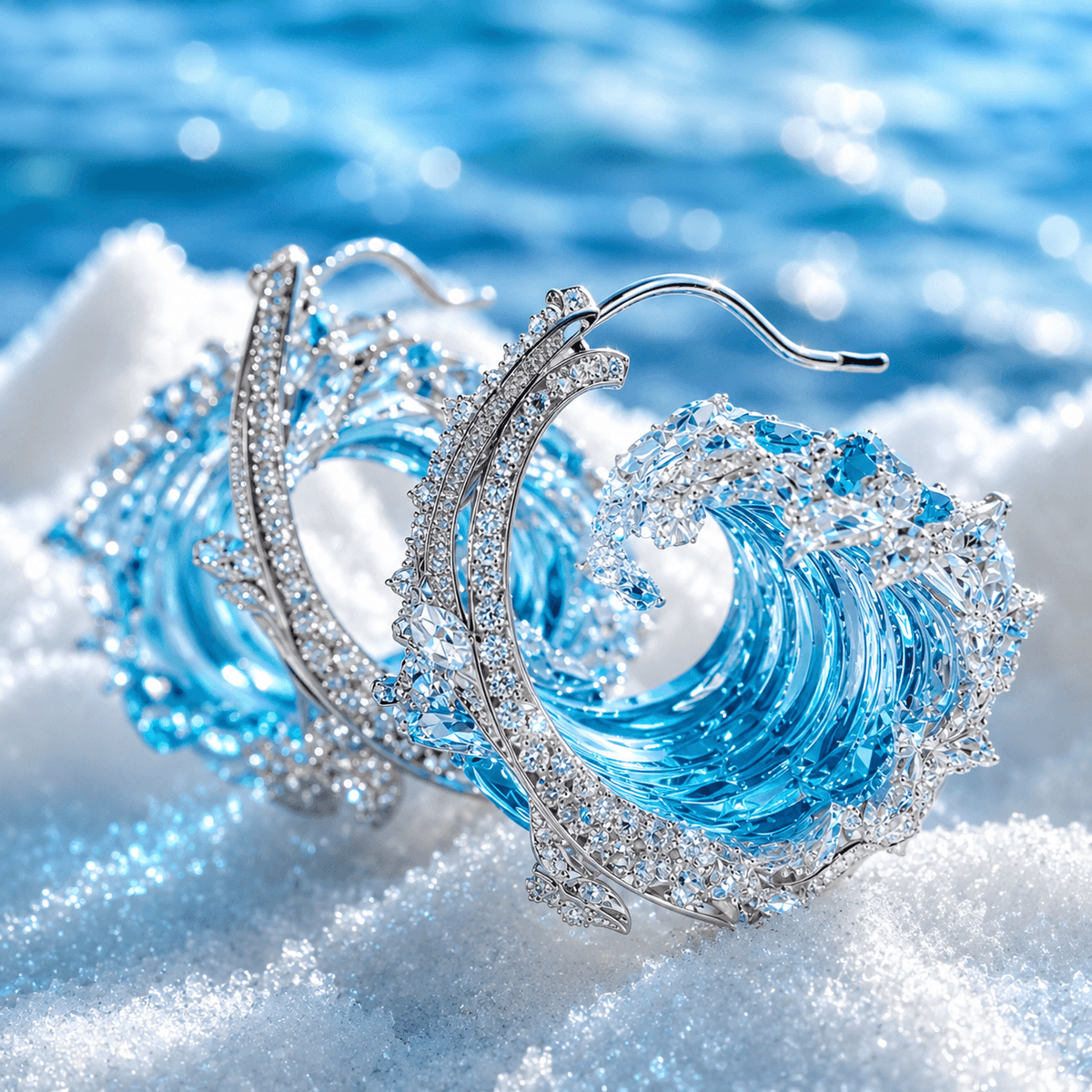Women's Dangle Earrings with Wave Motif, Open Hoop Shape and Stone Accents