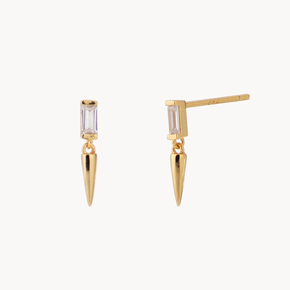 Women’s Ear Studs with Baguette-Shaped Stone Accent and Pointed Dangle