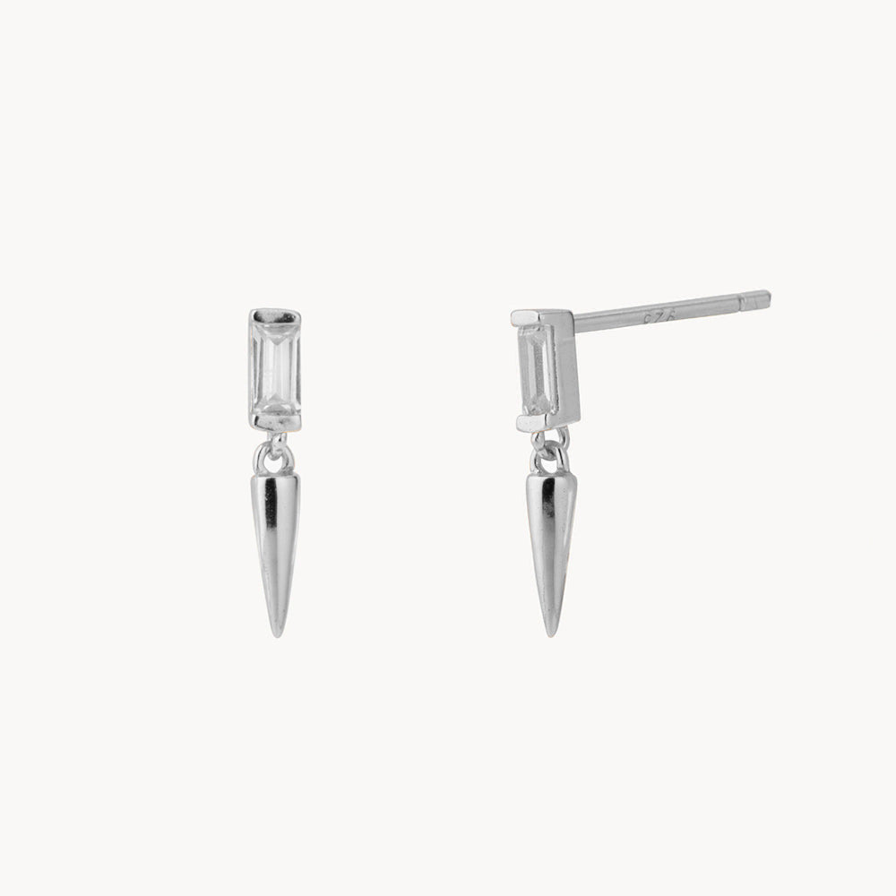 Women’s Ear Studs with Baguette-Shaped Stone Accent and Pointed Dangle
