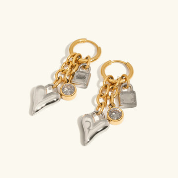 Women's Huggie Earrings with Heart Pendant, Lock Charm and Chain Details