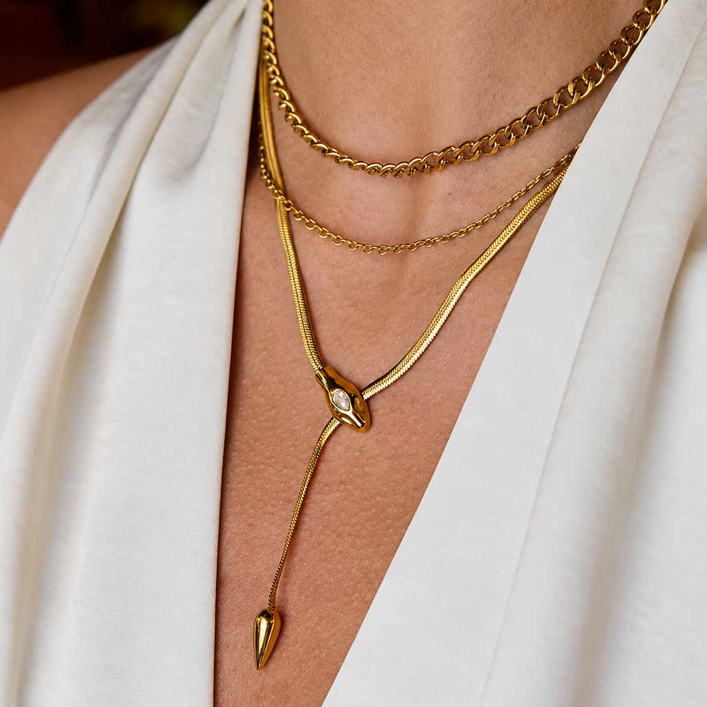 Women’s Snake Pendant Necklace with Elongated Y Shape and Stone Accent