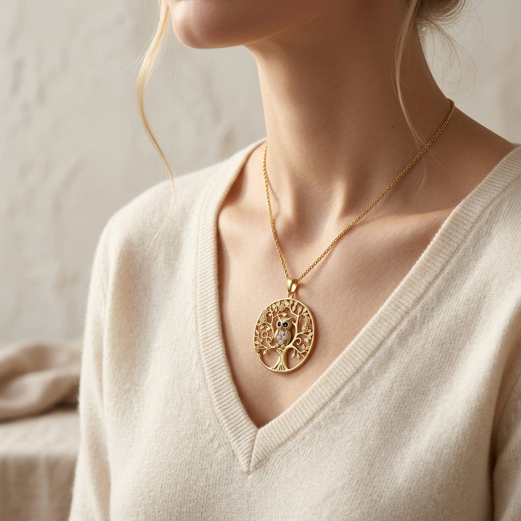 Women's Pendant Necklace with Tree of Life and Owl Motif