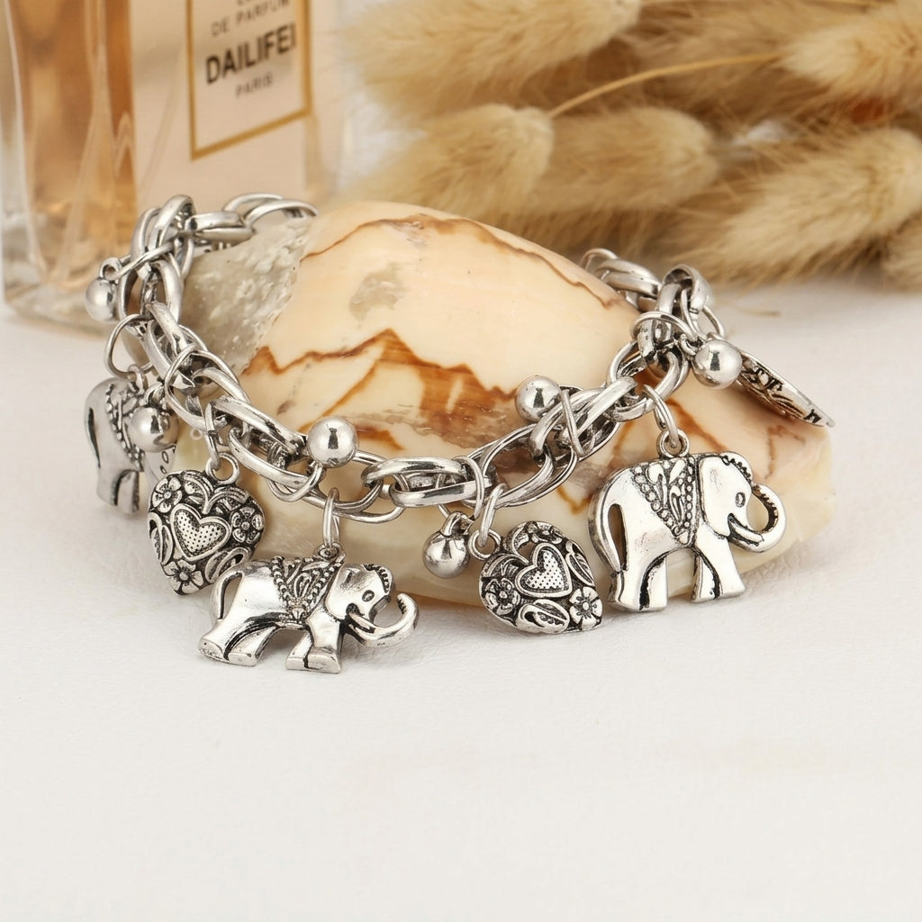 Women's Vintage Anklet with Elephants and Heart Charms