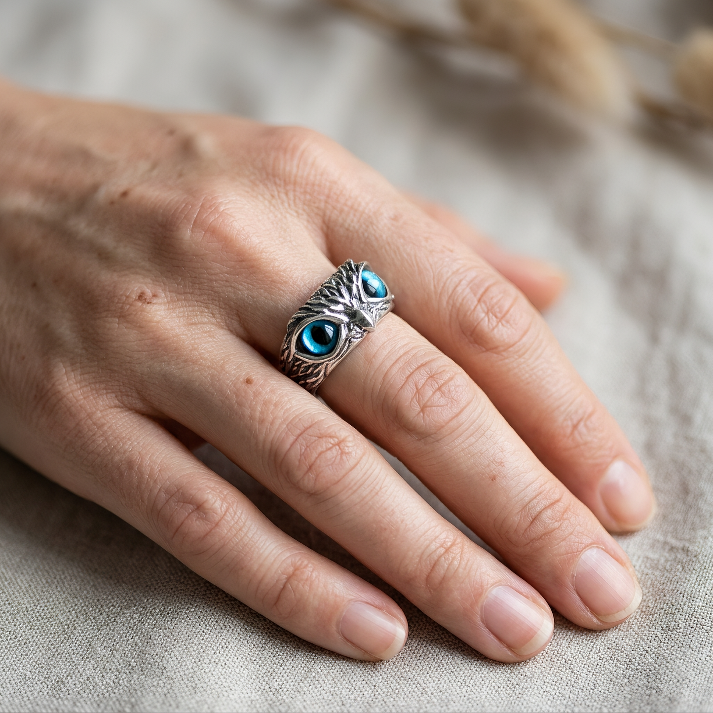Happy Owl – Handcrafted Silver Ring with Opal Glow