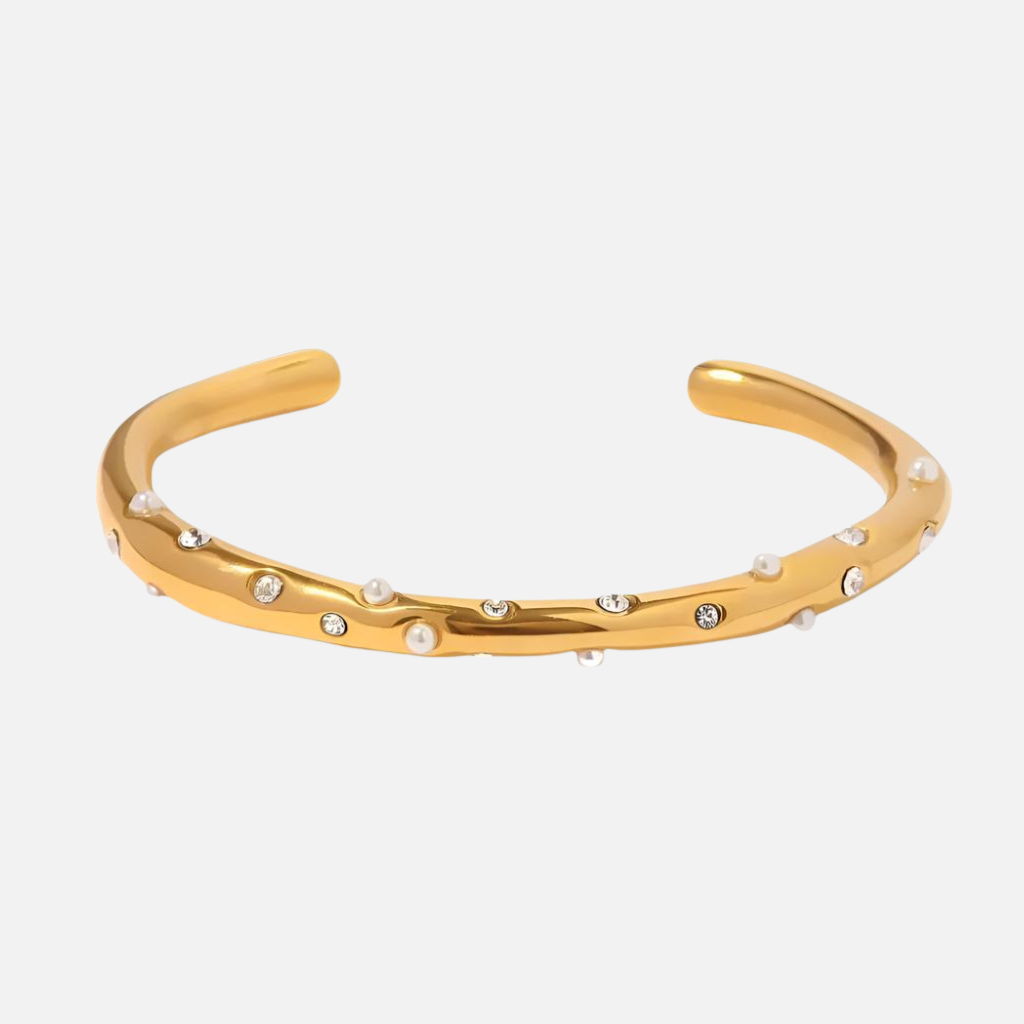 Women's Open Bracelet with Double Band Design, Pearl Details and Stone Accents