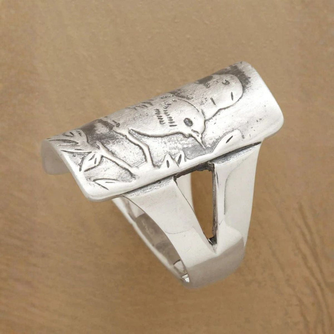 Women’s Statement Ring with Engraved Bird Motif and Wide Rectangular Front