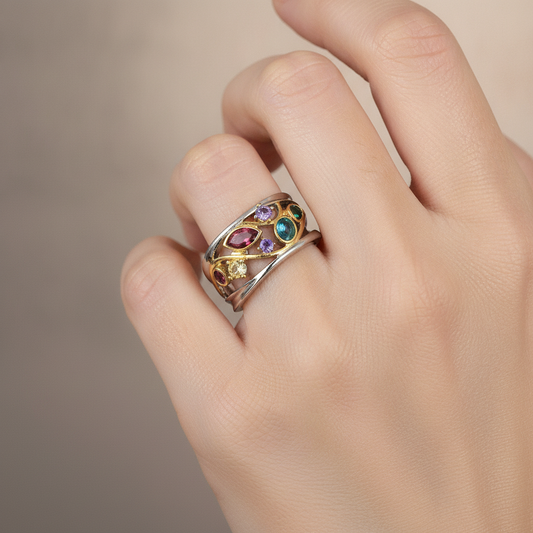 Zelina – Vintage Two-Tone Ring with Radiant Multicolored Zirconias