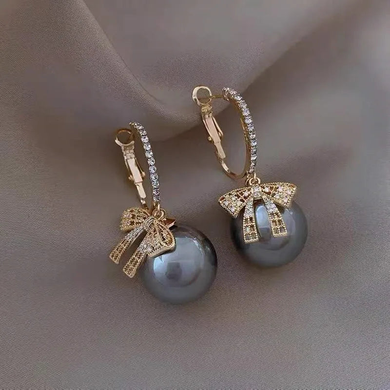 Women’s Earrings with Christmas Ball Motif, Bow and Stone Accents