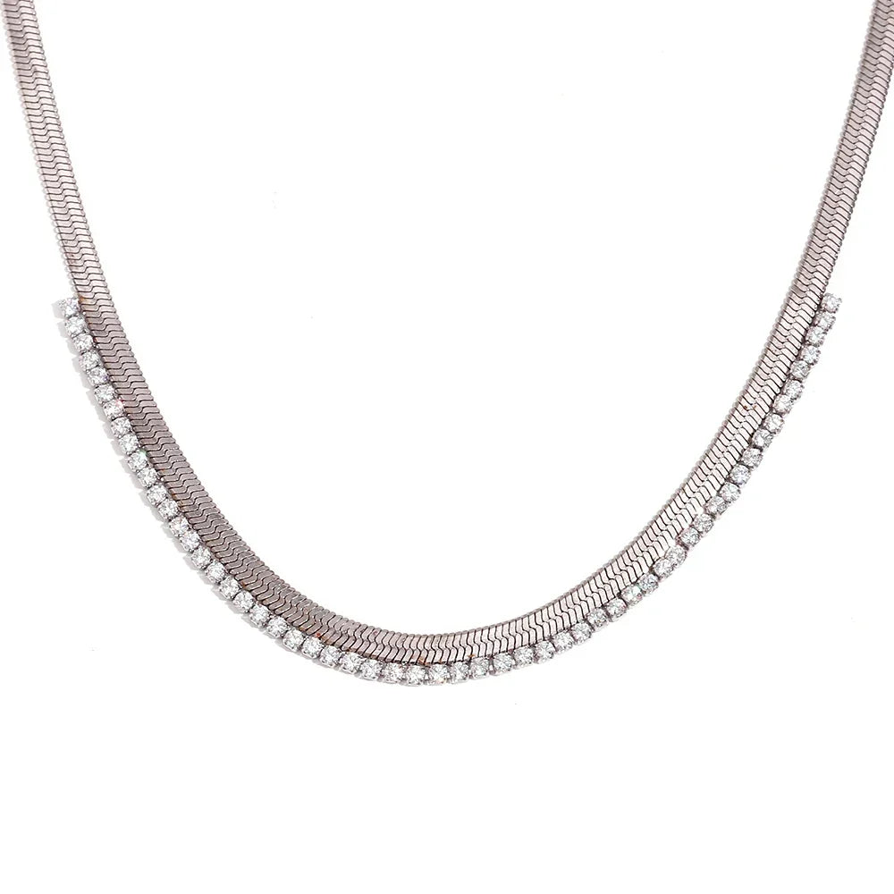 Women's Fishbone Necklace with Wide Chain Design and Stone Accents