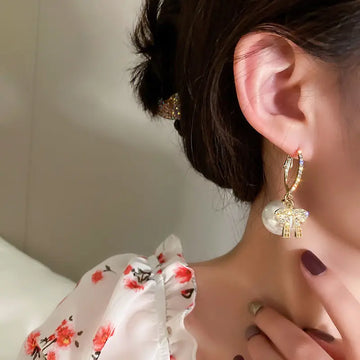 Women’s Earrings with Christmas Ball Motif, Bow and Stone Accents