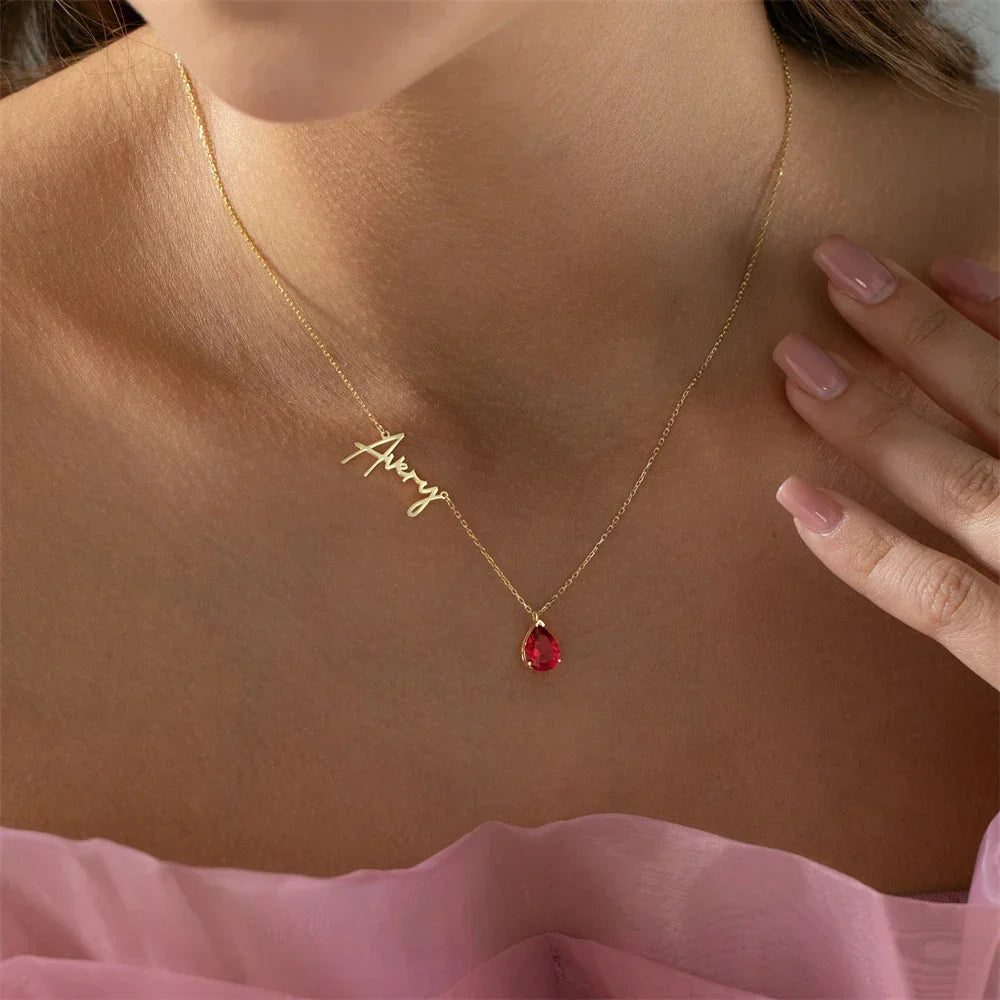 Women’s Personalized Name Necklace with Teardrop Stone