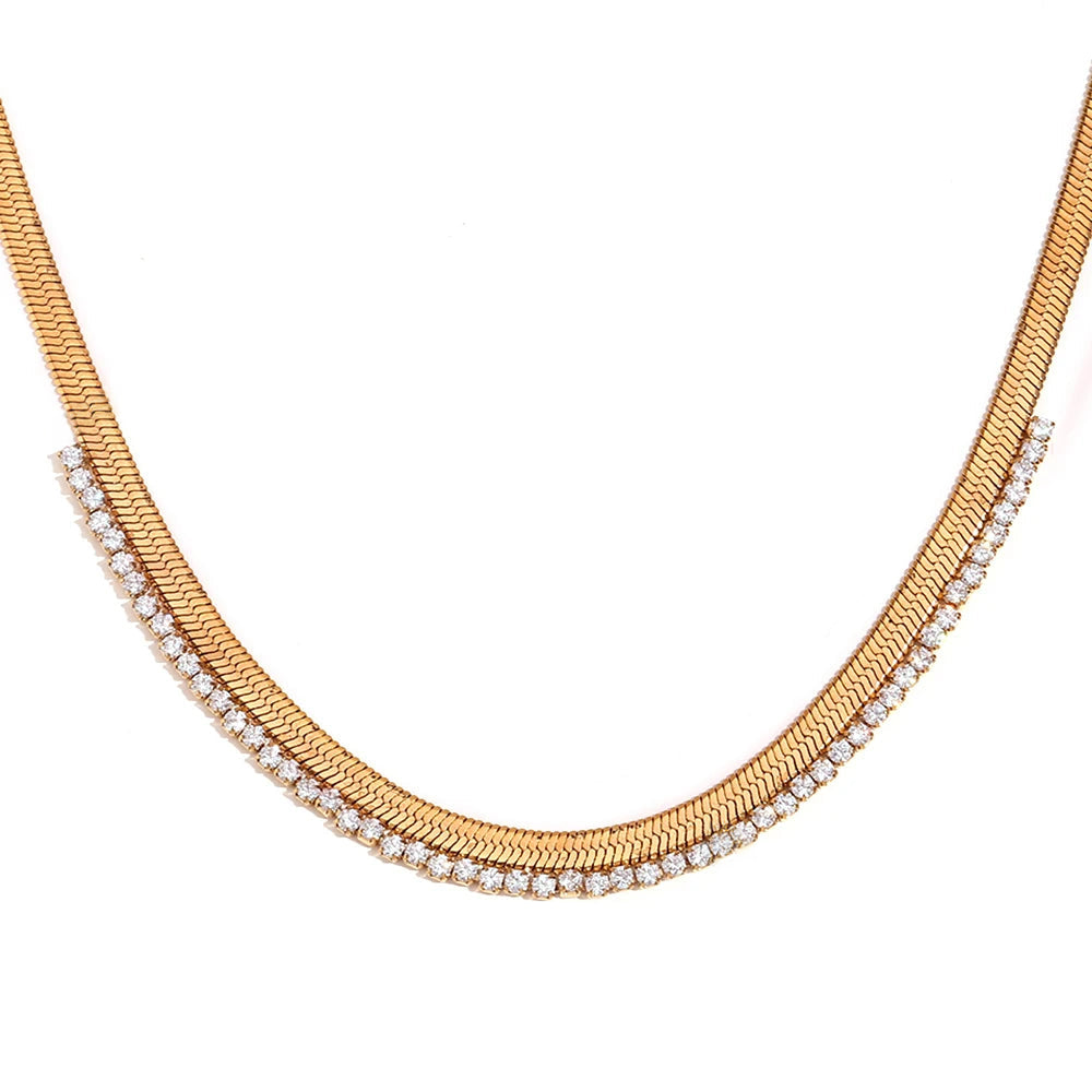 Women's Fishbone Necklace with Wide Chain Design and Stone Accents