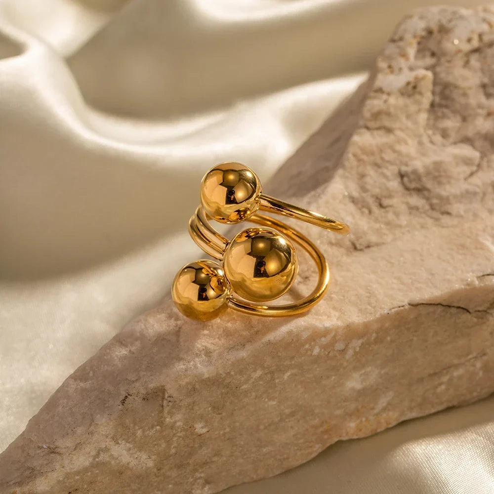 Women's Adjustable Open Ring with Three-Ball Design and Multi-Band Structure