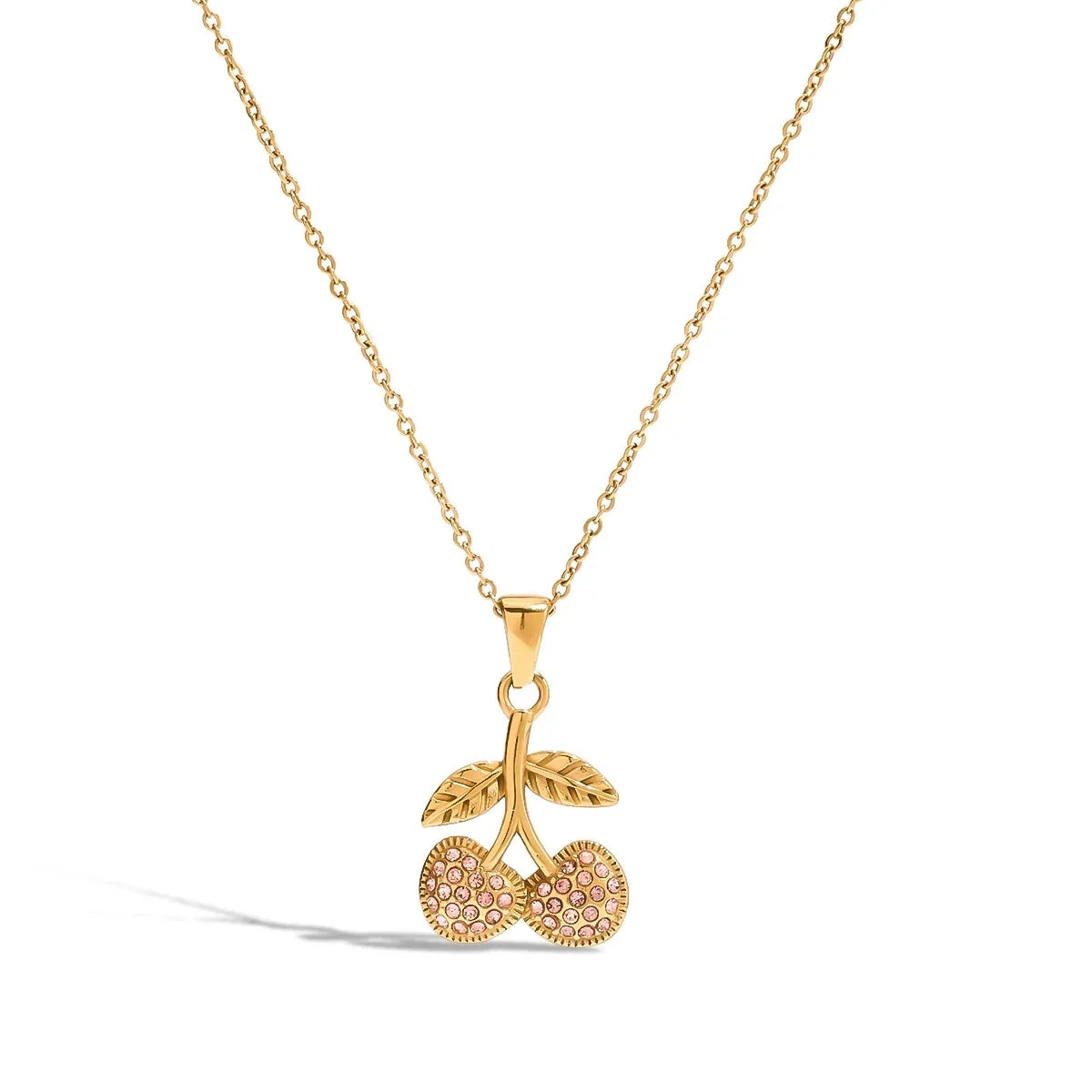 Women's Cherry Pendant Necklace with Double Fruit Motif and Pavé Stone Setting
