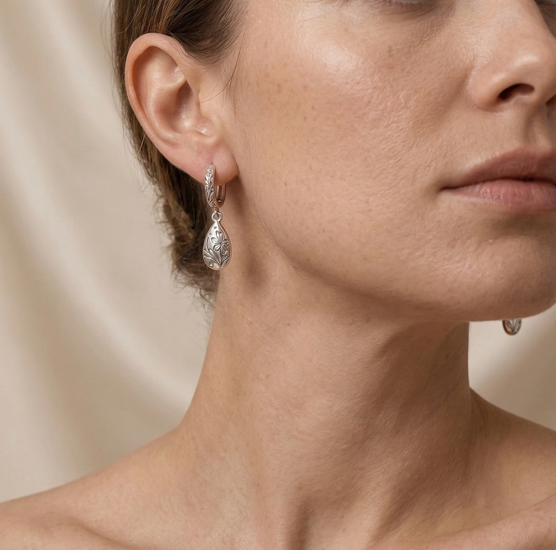 Engraved Floral Drop Earrings