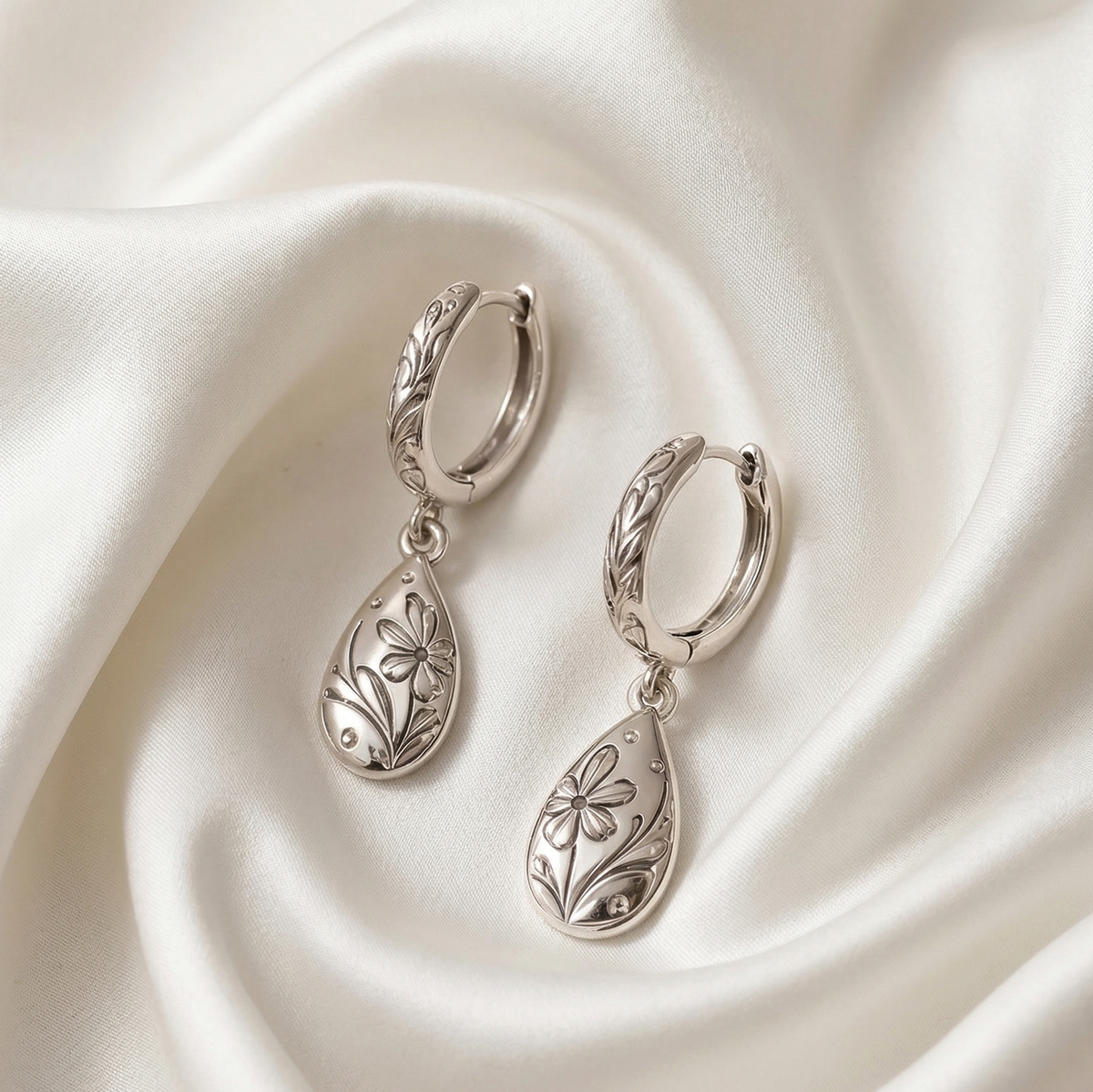 Engraved Floral Drop Earrings