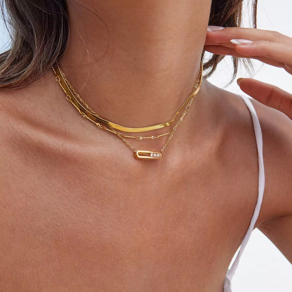 Women's Pendant Necklace with Elongated Rectangle and Stone Accents