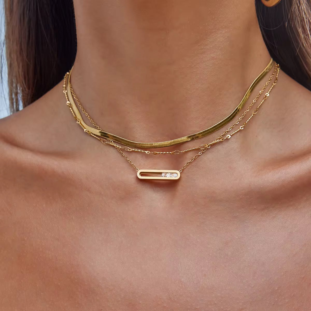 Women's Pendant Necklace with Elongated Rectangle and Stone Accents