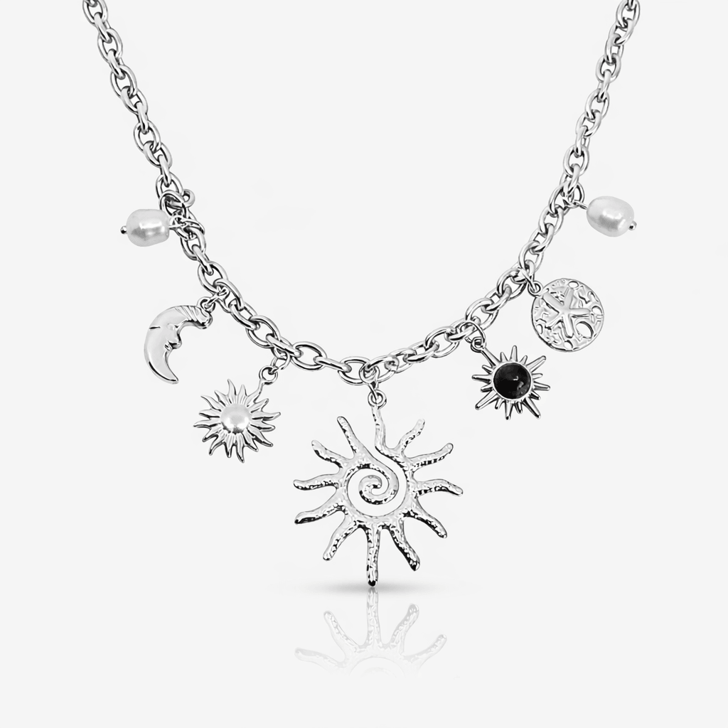 Women’s Charm Necklace with Sun, Moon, and Pearl Accents