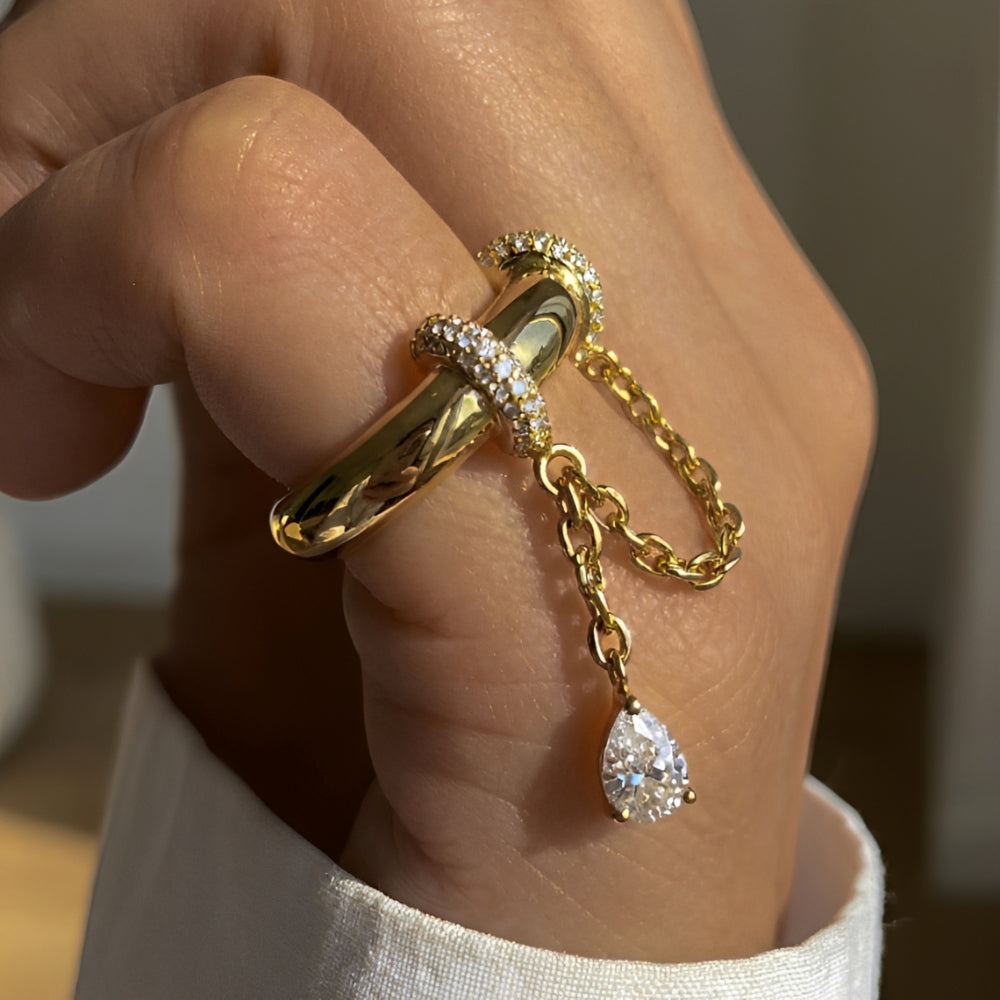 Women’s Statement Ring with Chain Detail and Teardrop Pendant
