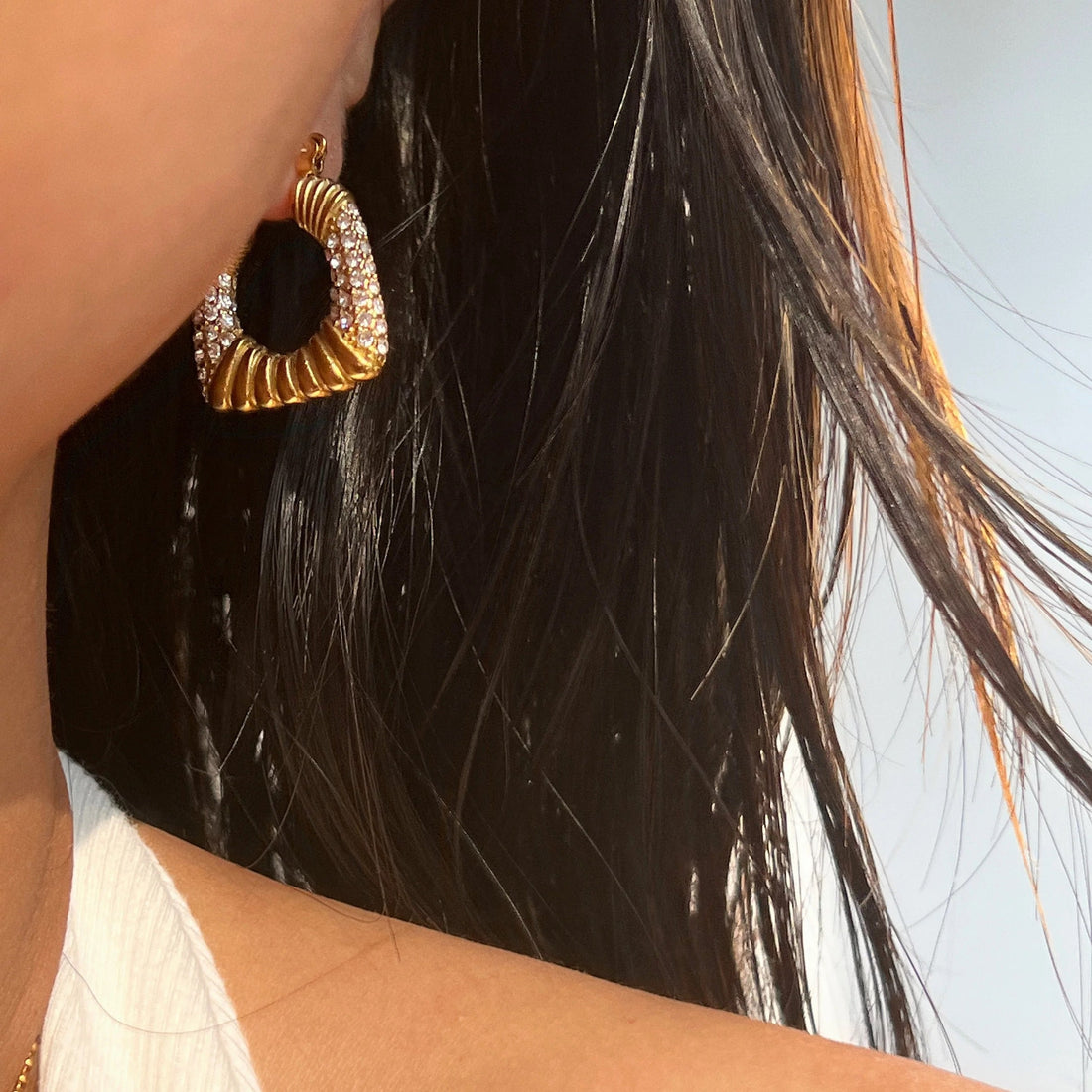 Women’s Statement Hoop Earrings with Ribbed Design and Stone Set Details