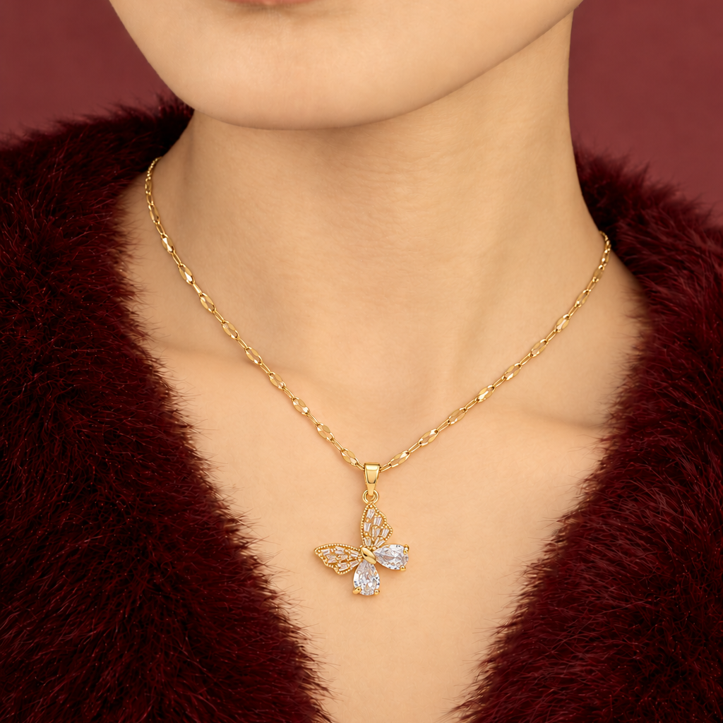 Women's Butterfly Pendant Necklace with Stone-Set Wings and Structured Chain