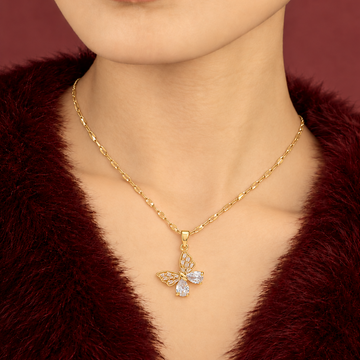 Women's Butterfly Pendant Necklace with Stone-Set Wings and Structured Chain