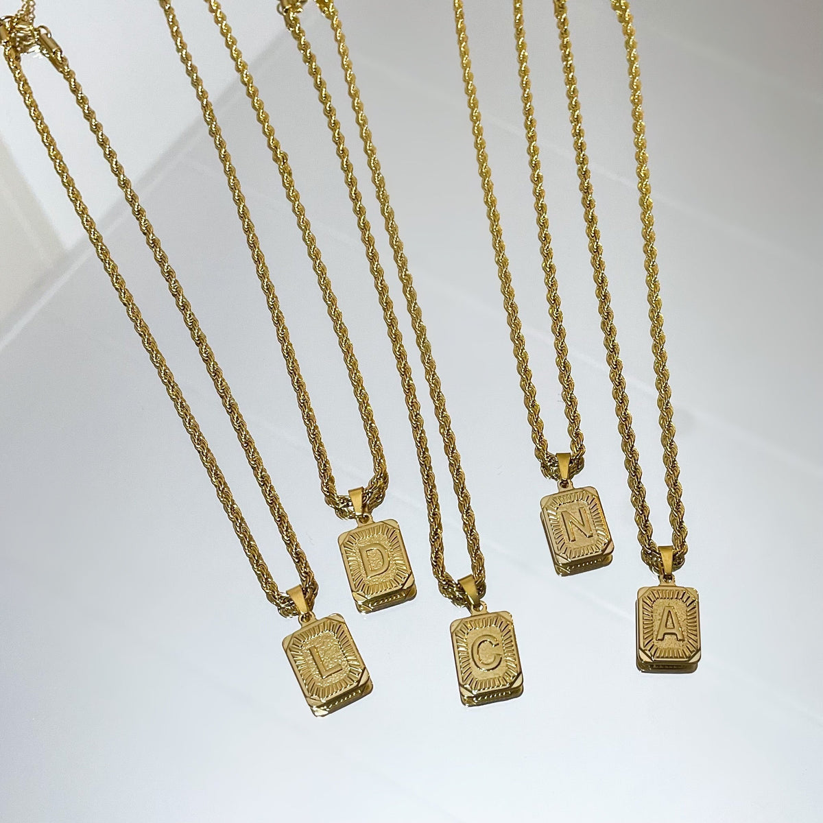 Women’s Initial Necklace with Rectangular Letter Pendant and Twisted Chain