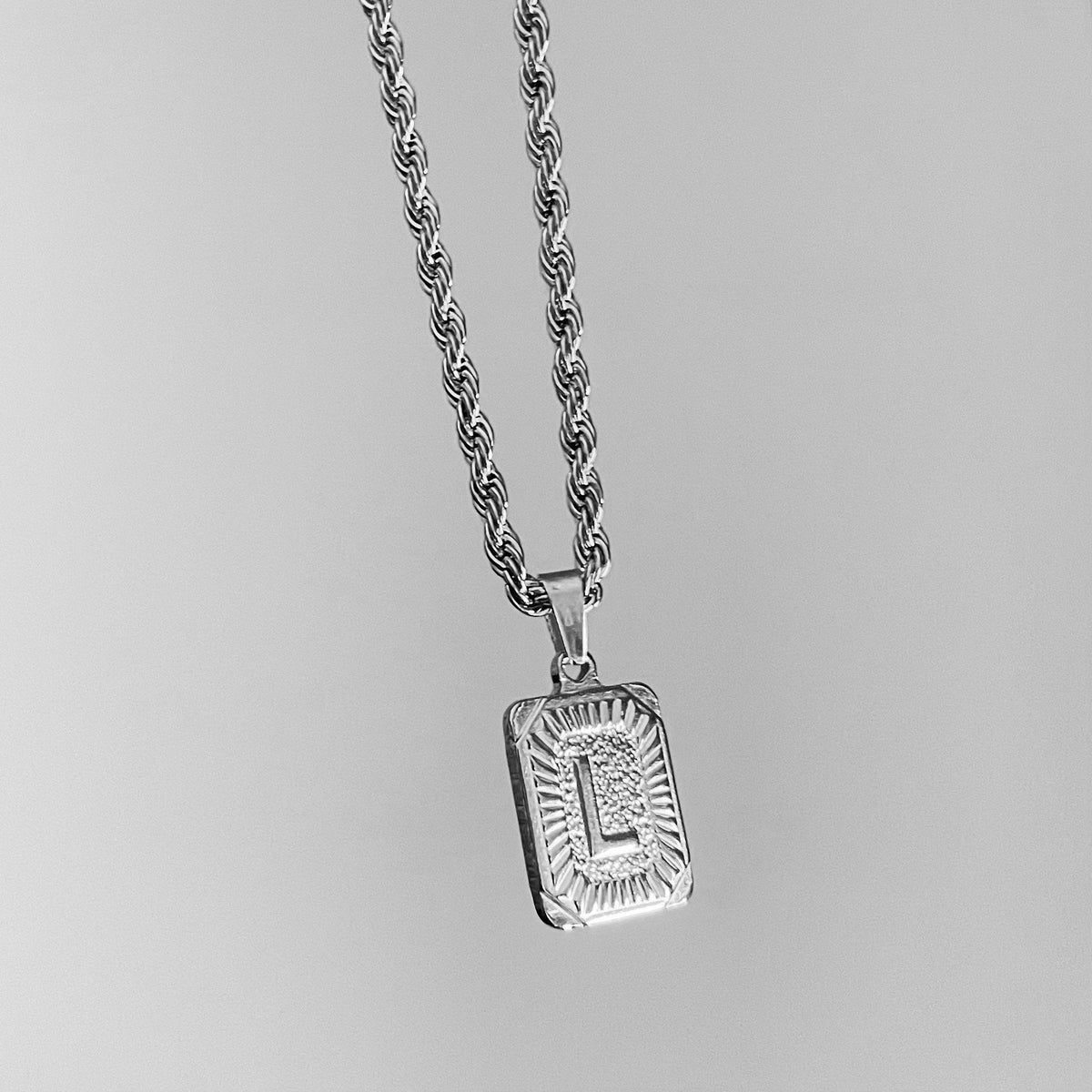 Women’s Initial Necklace with Rectangular Letter Pendant and Twisted Chain