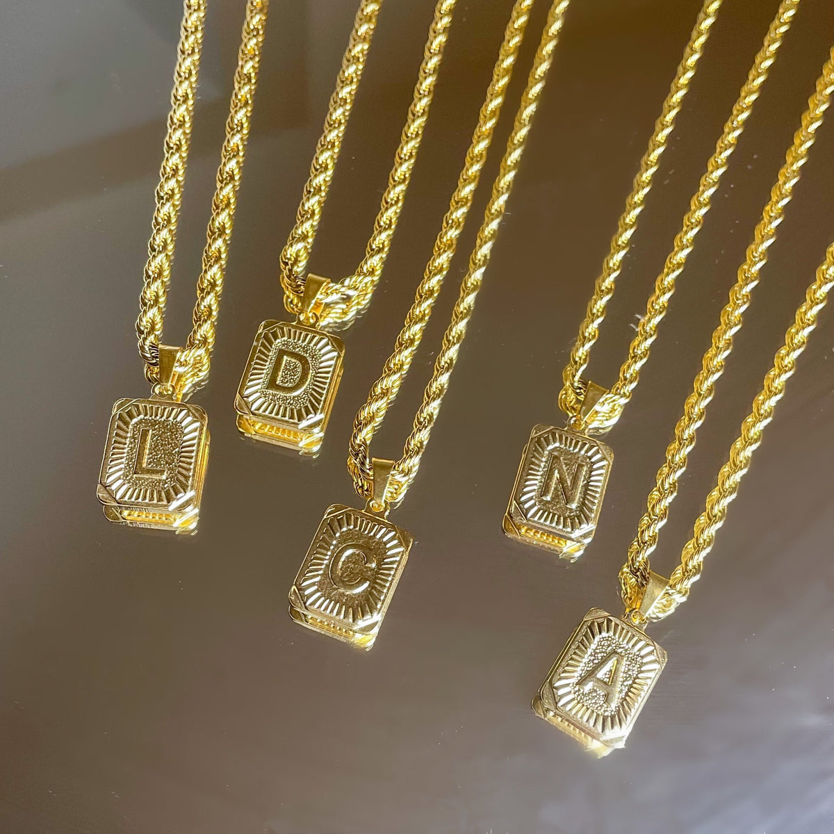 Women’s Initial Necklace with Rectangular Letter Pendant and Twisted Chain
