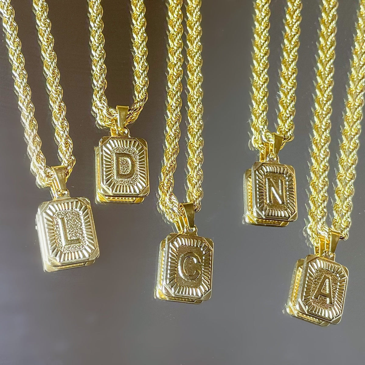 Women’s Initial Necklace with Rectangular Letter Pendant and Twisted Chain