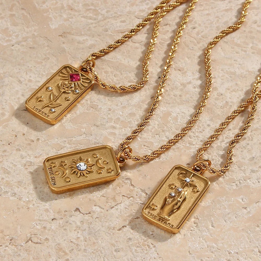 Women’s Tarot Pendant Necklace with Rectangular Card Motif and Stone Accents