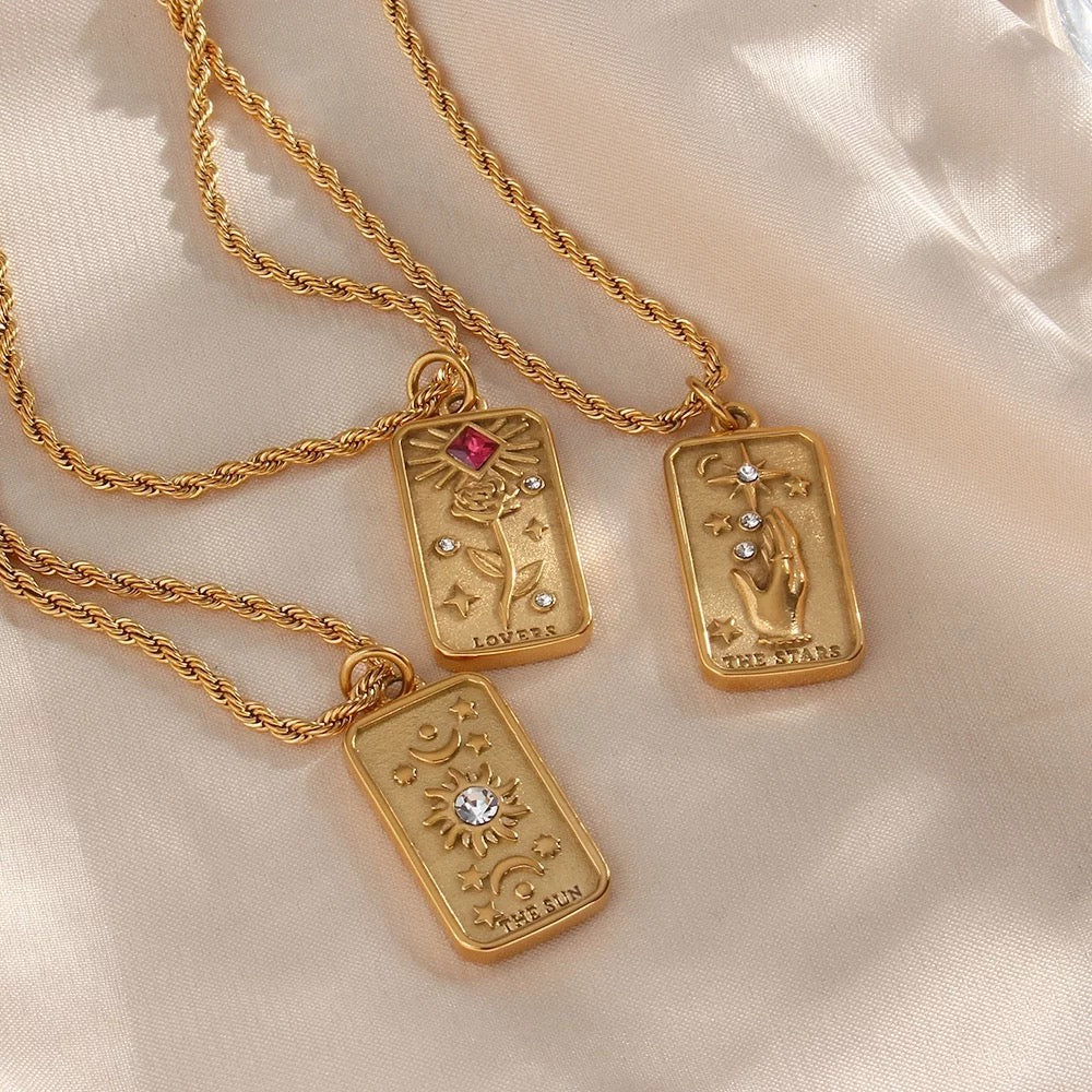 Women’s Tarot Pendant Necklace with Rectangular Card Motif and Stone Accents