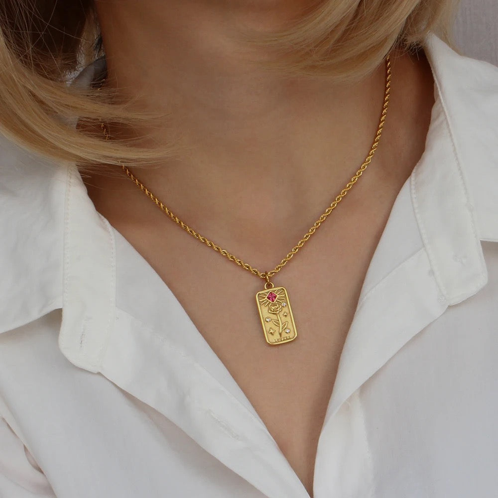 Women’s Tarot Pendant Necklace with Rectangular Card Motif and Stone Accents