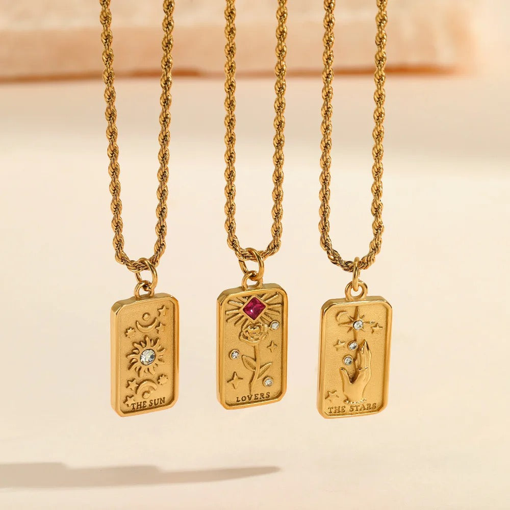 Women’s Tarot Pendant Necklace with Rectangular Card Motif and Stone Accents