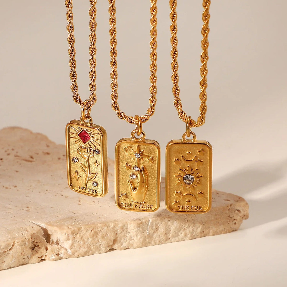 Women’s Tarot Pendant Necklace with Rectangular Card Motif and Stone Accents