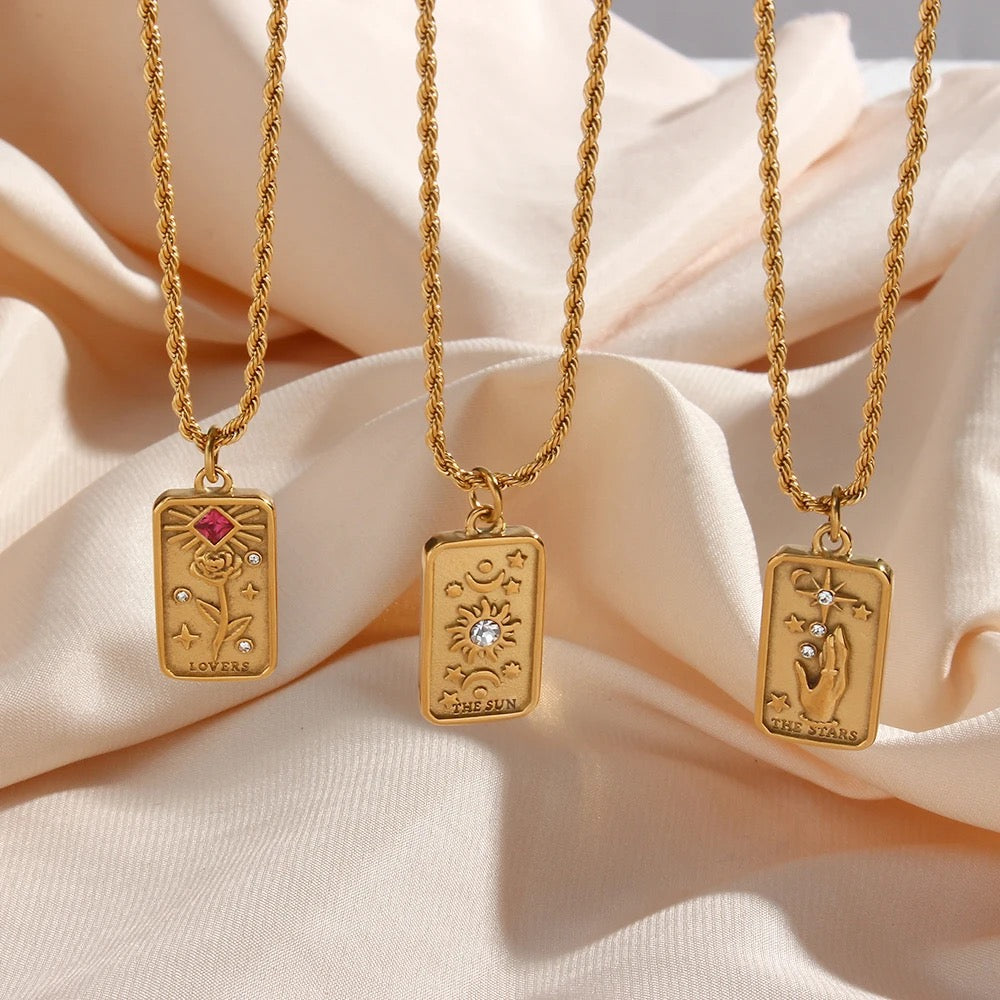 Women’s Tarot Pendant Necklace with Rectangular Card Motif and Stone Accents