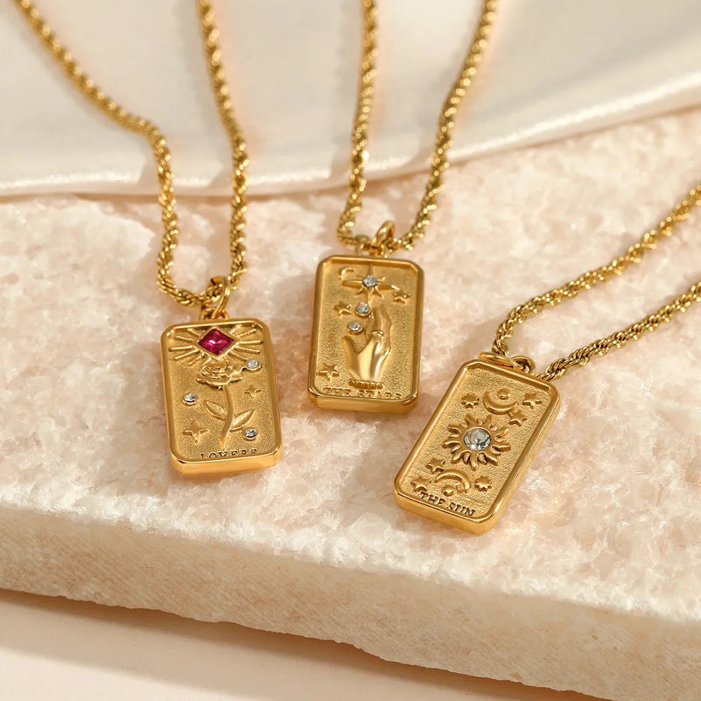 Women’s Tarot Pendant Necklace with Rectangular Card Motif and Stone Accents